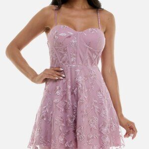 Trixxi Juniors Pink Embroidered Mini Dress Mesh Corset Cottage Fit & Flare 13